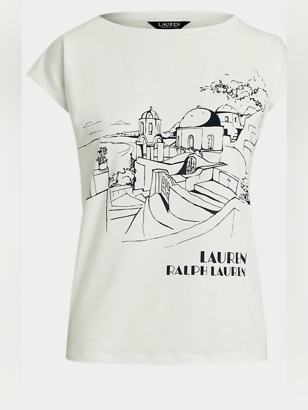 LAUREN Ralph Lauren White Graphic Boatneck Tee with Navy Sketch